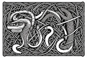 Stave Church in Urnes Archaic Viking style carving of sea serpent head jormungandr made into an arm sleeve tattoo idea