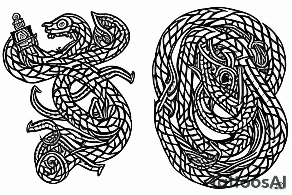 Stave Church in Urnes Archaic Viking style carving of sea serpent head jormungandr made into an arm sleeve tattoo idea