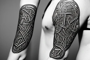 Stave Church in Urnes Archaic Viking style carving of sea serpent head jormungandr/ Rune Stone etching made into an arm sleeve tattoo idea