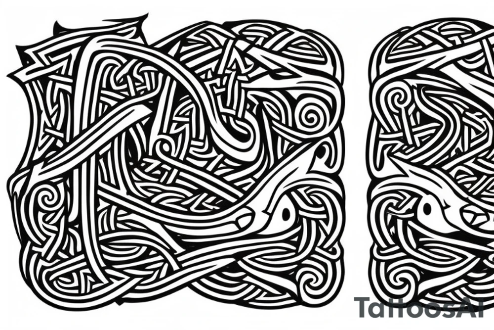 Stave Church in Urnes Archaic Viking style carving of sea serpent head jormungandr/ Rune Stone etching made into an arm sleeve tattoo idea