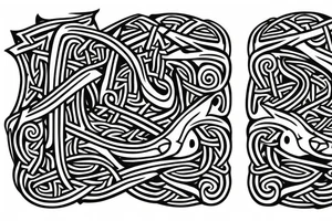 Stave Church in Urnes Archaic Viking style carving of sea serpent head jormungandr/ Rune Stone etching made into an arm sleeve tattoo idea