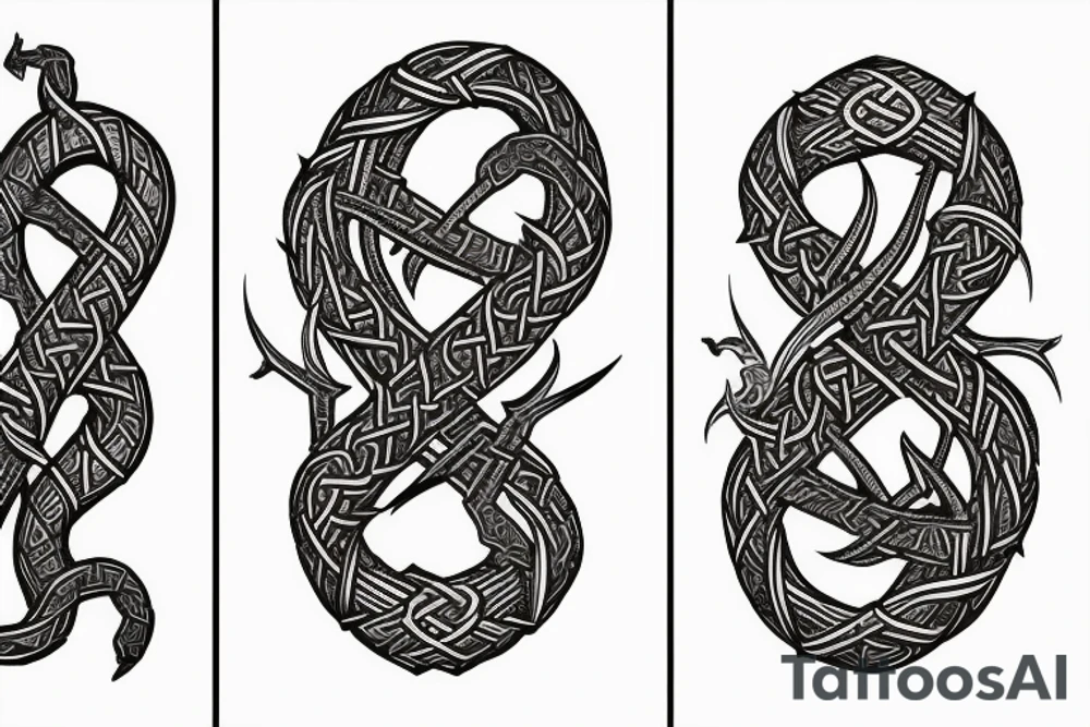 Stave Church in Urnes Archaic Viking style carving of sea serpent head jormungandr/ Rune Stone etching made into an arm sleeve tattoo idea