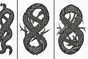 Stave Church in Urnes Archaic Viking style carving of sea serpent head jormungandr/ Rune Stone etching made into an arm sleeve tattoo idea