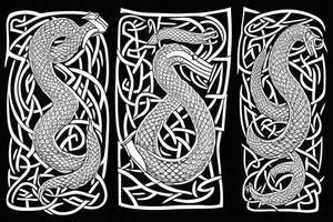 Stave Church in Urnes Archaic Viking style carving of sea serpent head jormungandr/ Rune Stone etching made into an arm sleeve tattoo idea