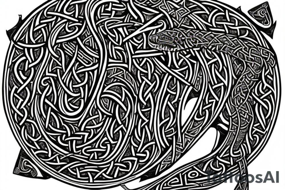 Stave Church in Urnes Archaic Viking style carving of sea serpent head jormungandr/ Rune Stone etching made into an arm sleeve tattoo idea