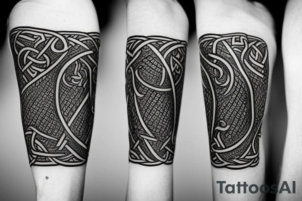 Stave Church in Urnes Archaic Viking style carving of sea serpent head jormungandr/ Rune Stone etching made into an arm sleeve tattoo idea