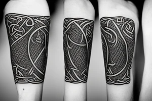 Stave Church in Urnes Archaic Viking style carving of sea serpent head jormungandr/ Rune Stone etching made into an arm sleeve tattoo idea