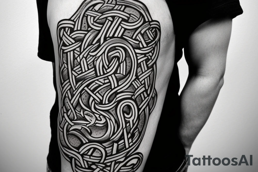 Stave Church in Urnes Archaic Viking style carving of sea serpent head jormungandr/ Rune Stone etching made into an arm sleeve tattoo idea