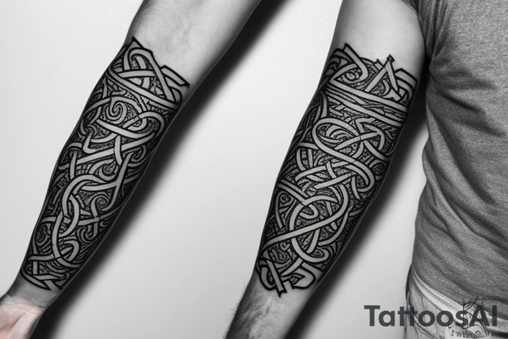 Stave Church in Urnes Archaic Viking style carving of sea serpent head jormungandr/ Rune Stone etching made into an arm sleeve tattoo idea