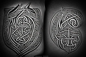 Stave Church in Urnes Archaic Viking style carving of sea serpent head jormungandr/ Rune Stone etching made into an arm sleeve tattoo idea