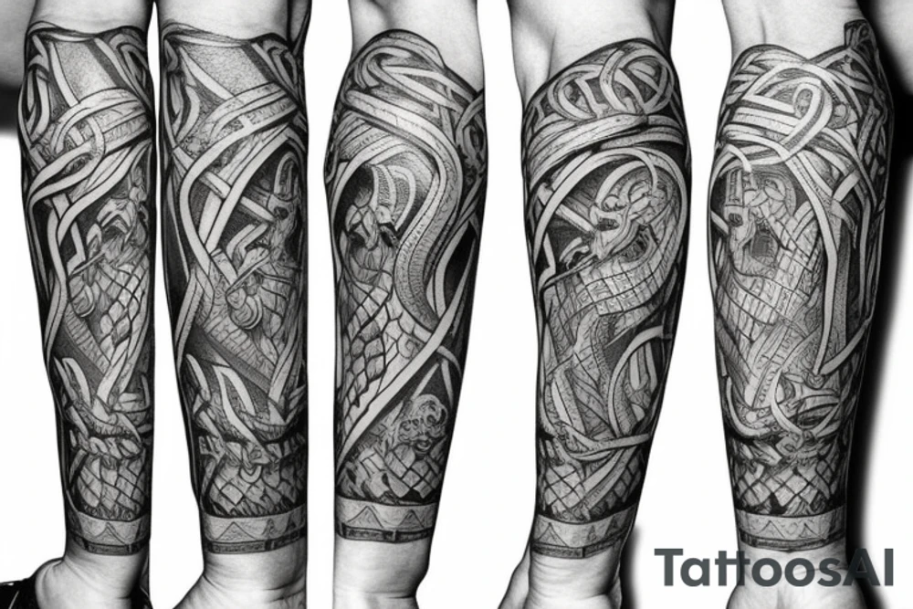 STave church in Urnes Norway 
style snake viking arm sleeve tattoo idea