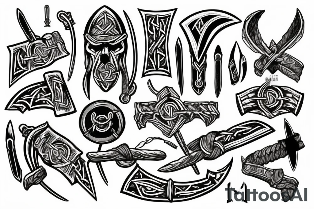 axe head inlaid with viking artwork tattoo idea