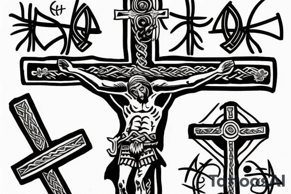 crucifix with viking inspired artwork tattoo idea