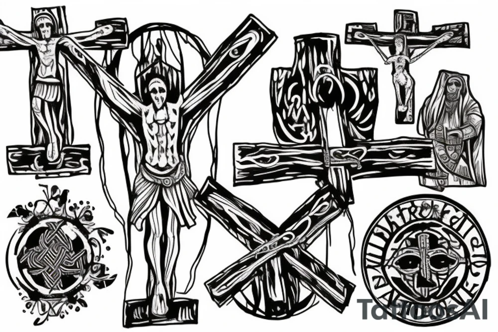 crucifix with viking inspired artwork tattoo idea