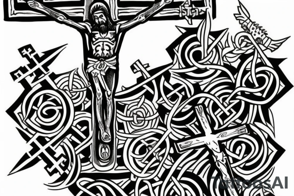 crucifix with viking inspired artwork tattoo idea