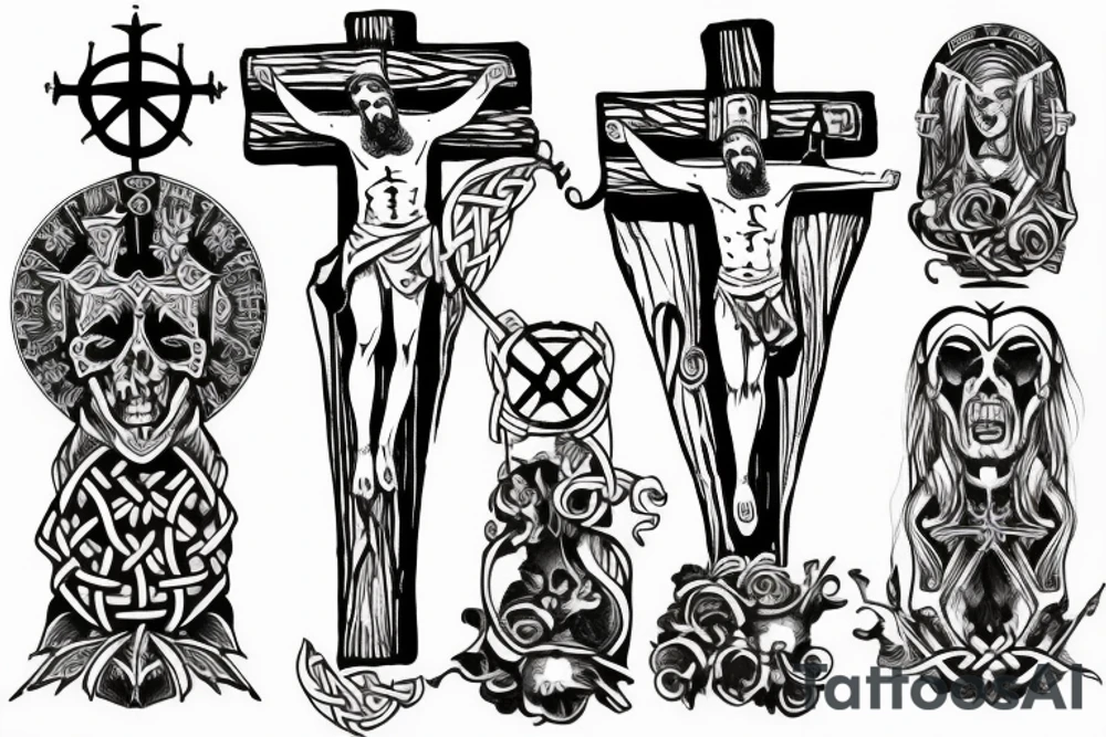 crucifix with viking inspired artwork tattoo idea