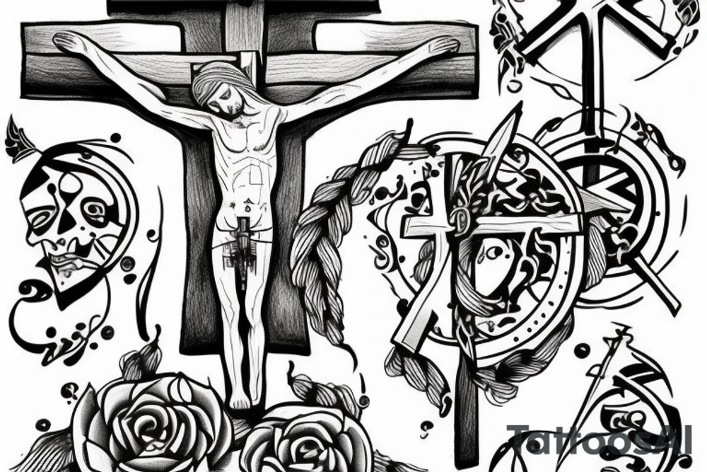 crucifix with viking inspired artwork tattoo idea