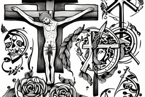 crucifix with viking inspired artwork tattoo idea
