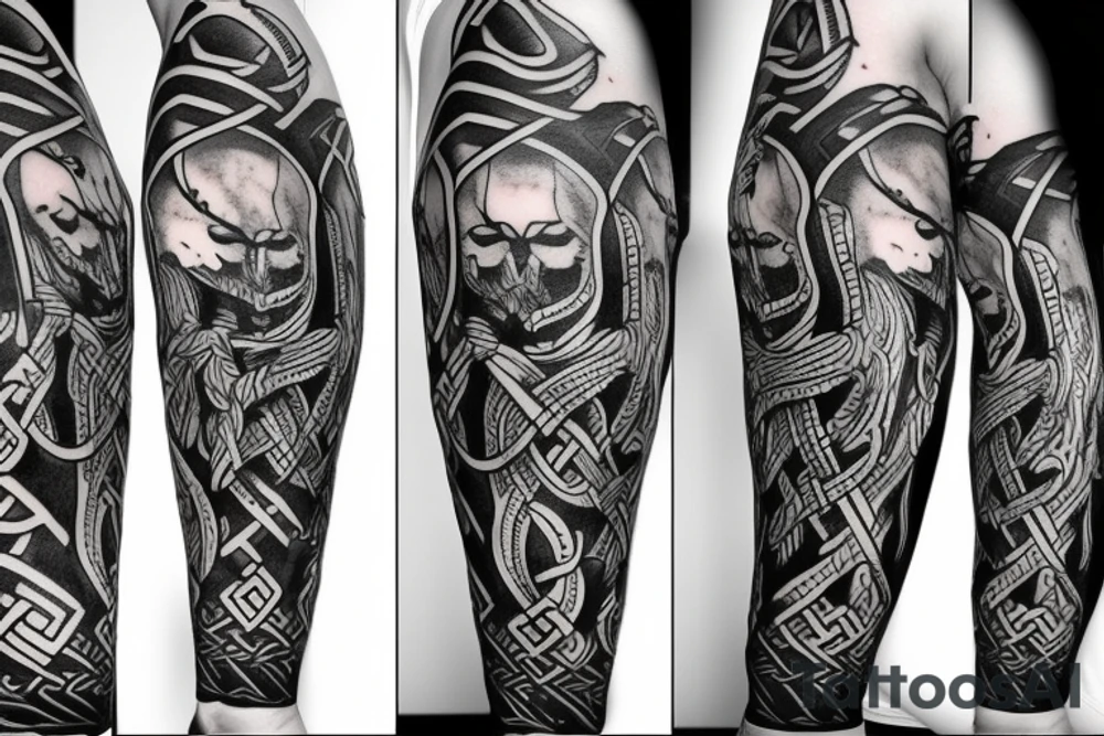 2-Dimensional no shading viking arm sleeve tattoo idea