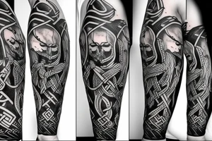 2-Dimensional no shading viking arm sleeve tattoo idea