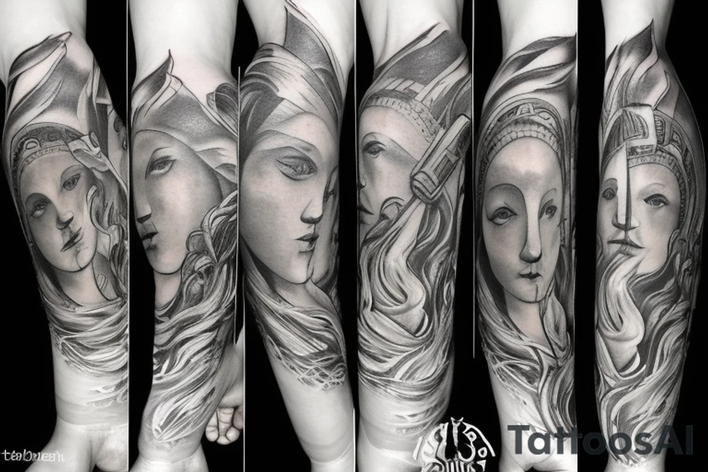 full leg sleeve tattoo, Spartan and greek mythology theme tattoo idea