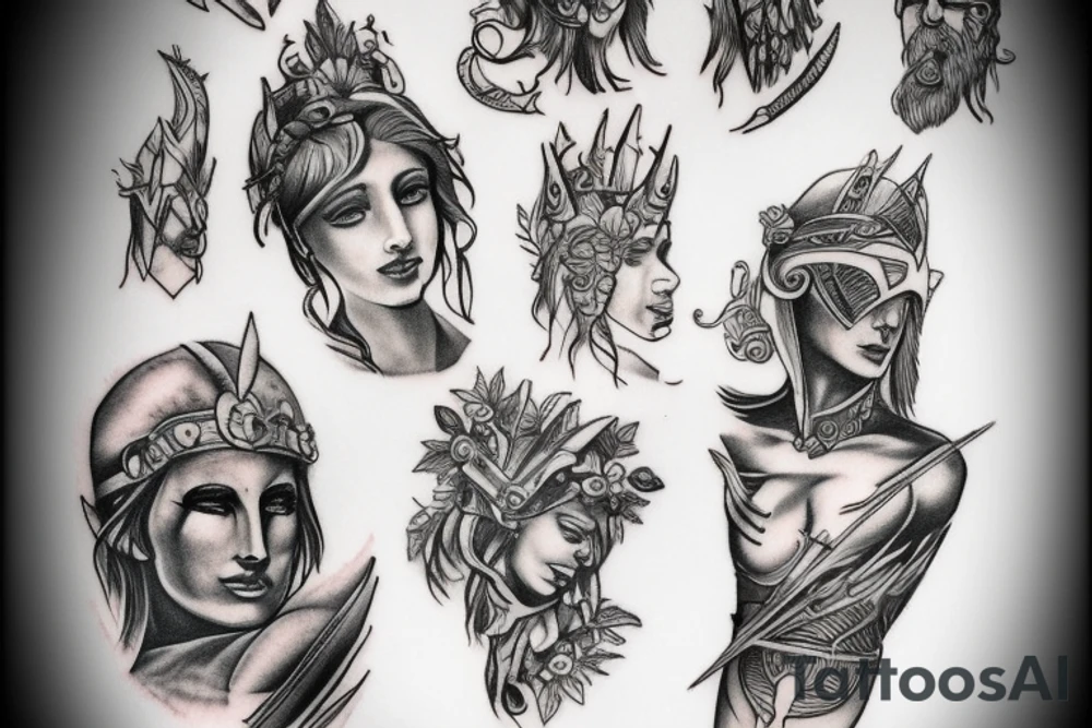 full leg tattoo, Spartan and greek mythology theme tattoo idea