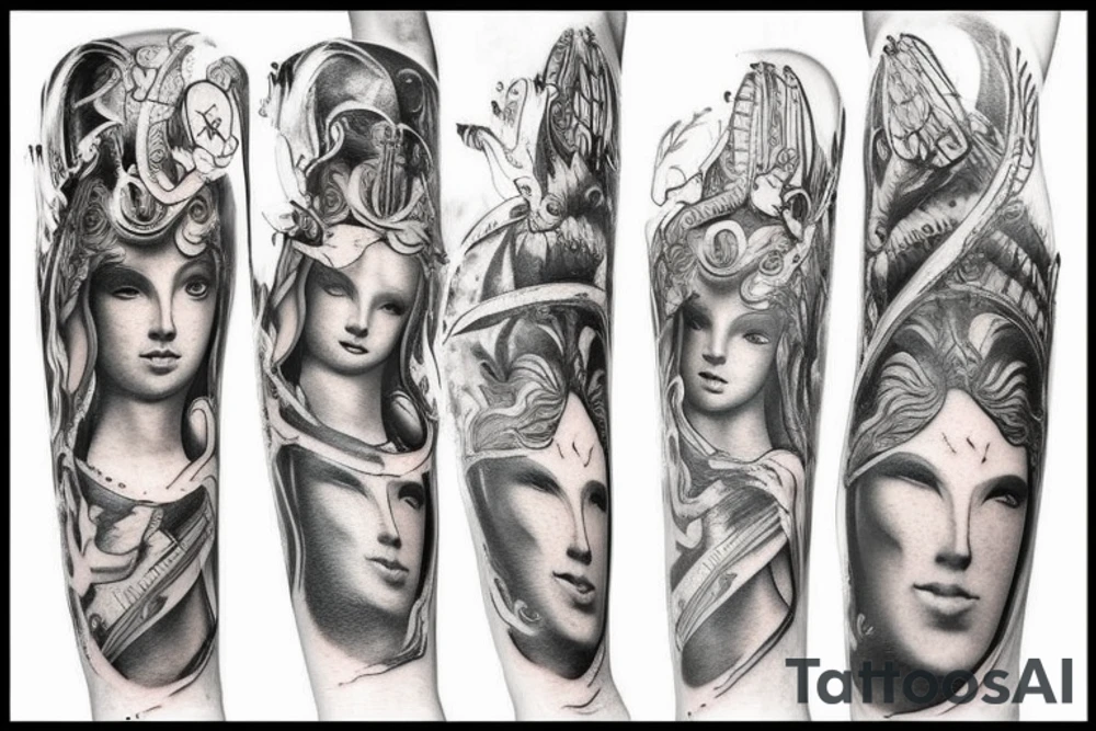 full leg tattoo, Spartan and greek mythology theme tattoo idea