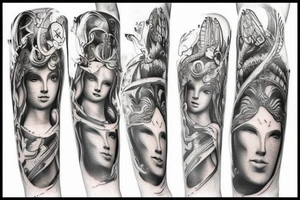 full leg tattoo, Spartan and greek mythology theme tattoo idea