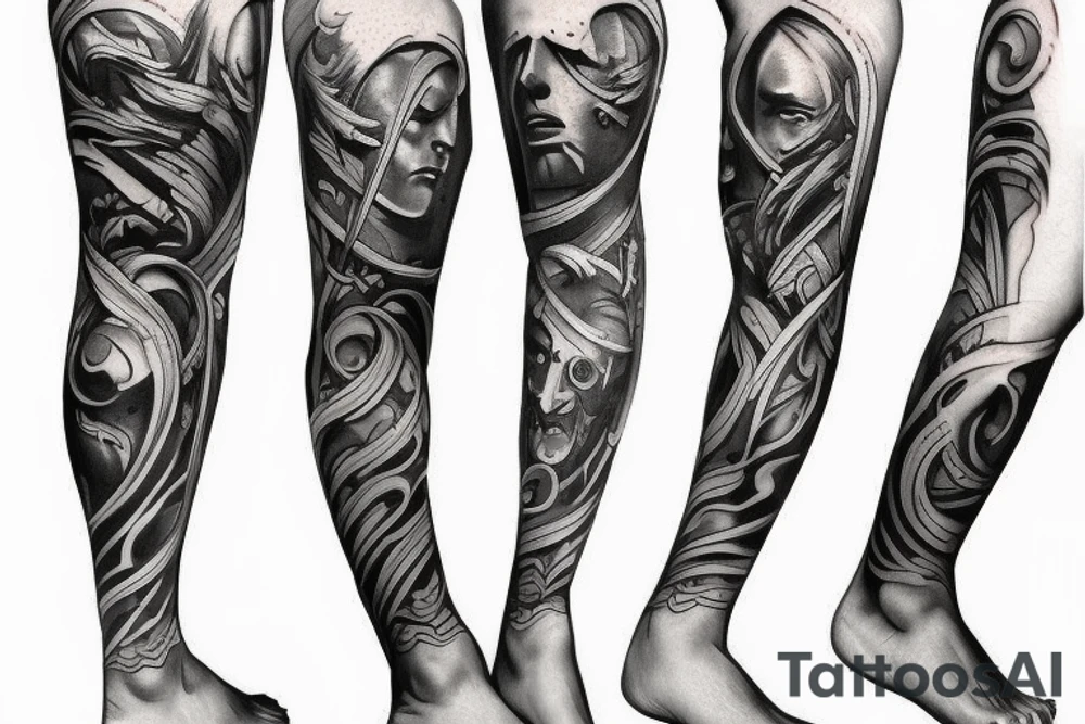 full leg tattoo, Spartan and greek mythology male tattoo idea