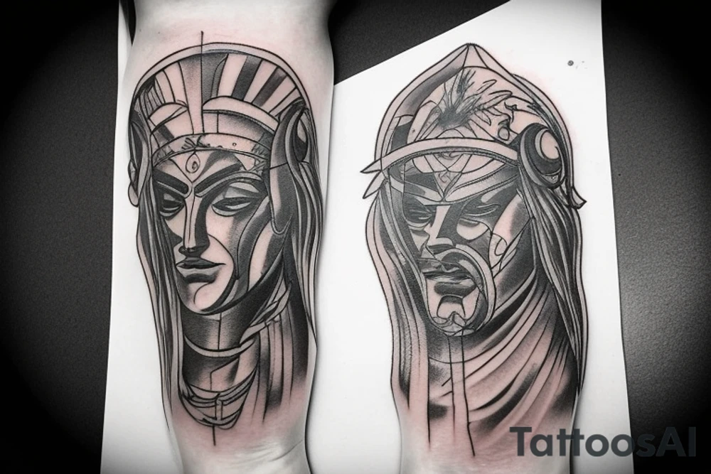 full leg tattoo, Spartan and greek mythology male tattoo idea