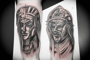 full leg tattoo, Spartan and greek mythology male tattoo idea