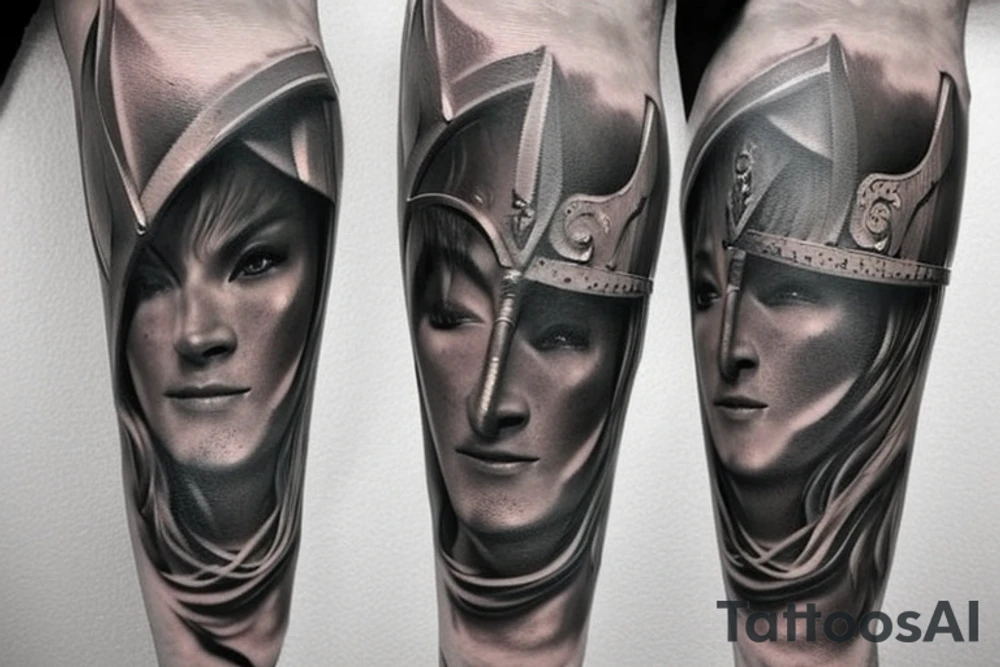 full leg tattoo, Spartan and greek mythology male tattoo idea