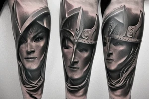 full leg tattoo, Spartan and greek mythology male tattoo idea