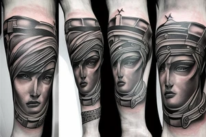 full leg tattoo, Spartan and greek mythology male tattoo idea