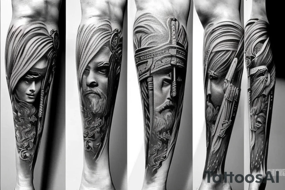 full leg tattoo, Spartan and greek mythology male tattoo idea