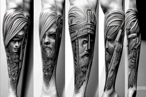full leg tattoo, Spartan and greek mythology male tattoo idea