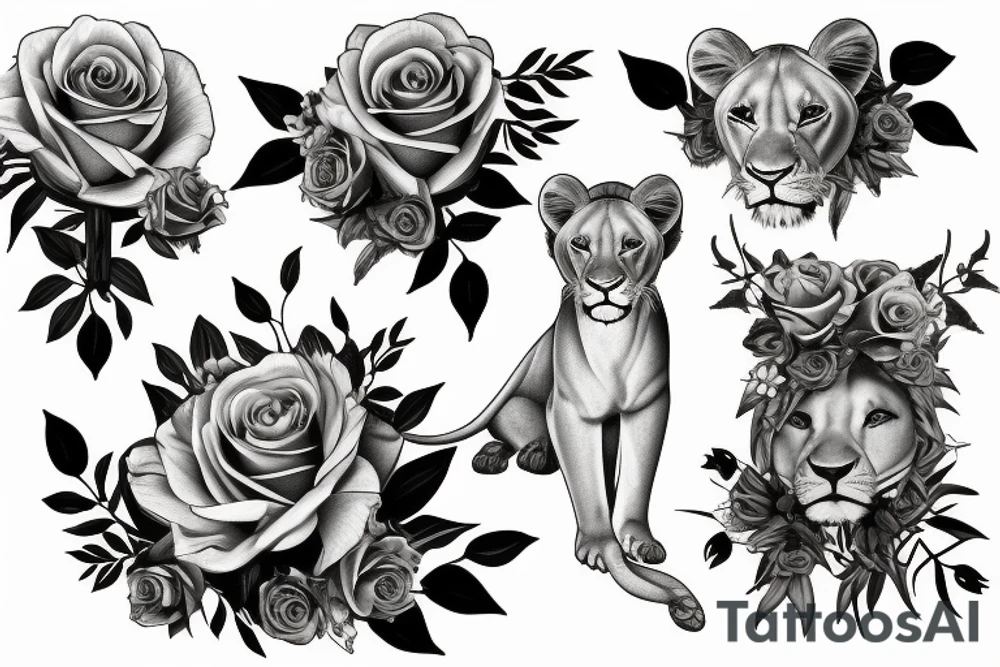 Realistic lioness with roses and lilies tattoo idea