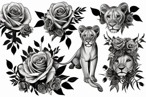 Realistic lioness with roses and lilies tattoo idea