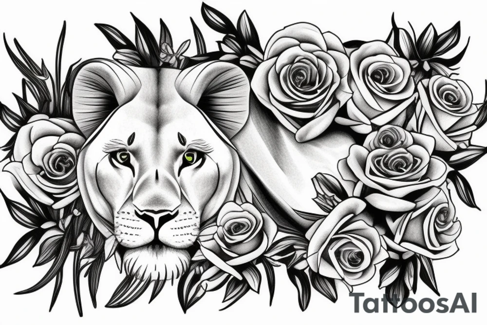 Realistic lioness with roses and lilies tattoo idea