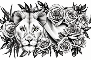 Realistic lioness with roses and lilies tattoo idea