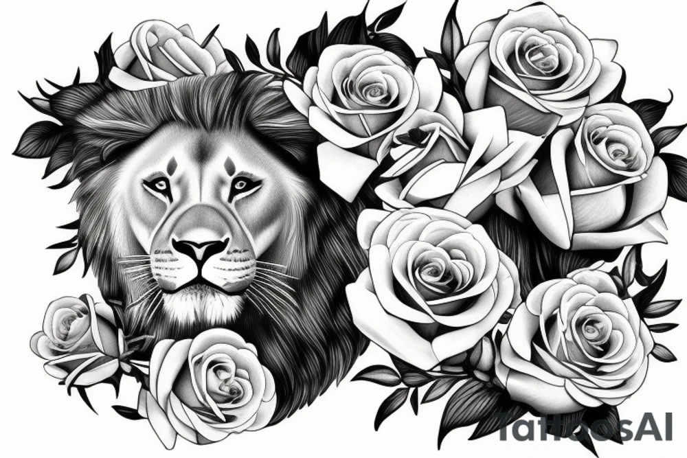 Realistic lioness with roses and lilies tattoo idea