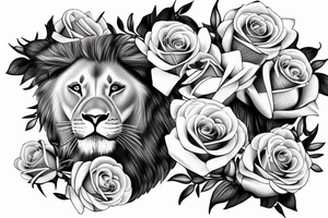 Realistic lioness with roses and lilies tattoo idea