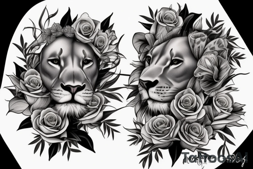 Realistic lioness with roses and lilies tattoo idea
