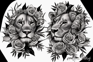Realistic lioness with roses and lilies tattoo idea