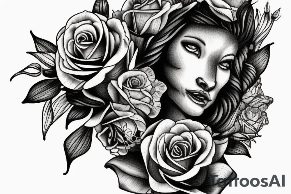 Realistic lioness with roses and lilies crown tattoo idea
