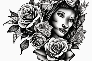 Realistic lioness with roses and lilies crown tattoo idea