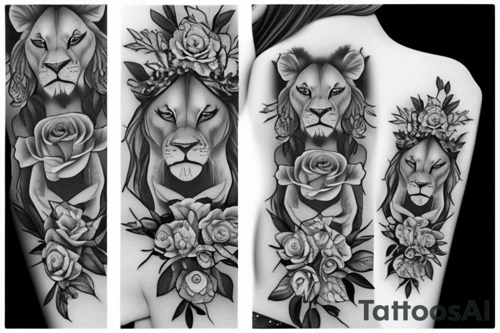 Realistic lioness with roses and lilies crown tattoo idea Realistic lioness with roses and lilies crown tattoo idea