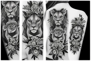 Realistic lioness with roses and lilies crown tattoo idea