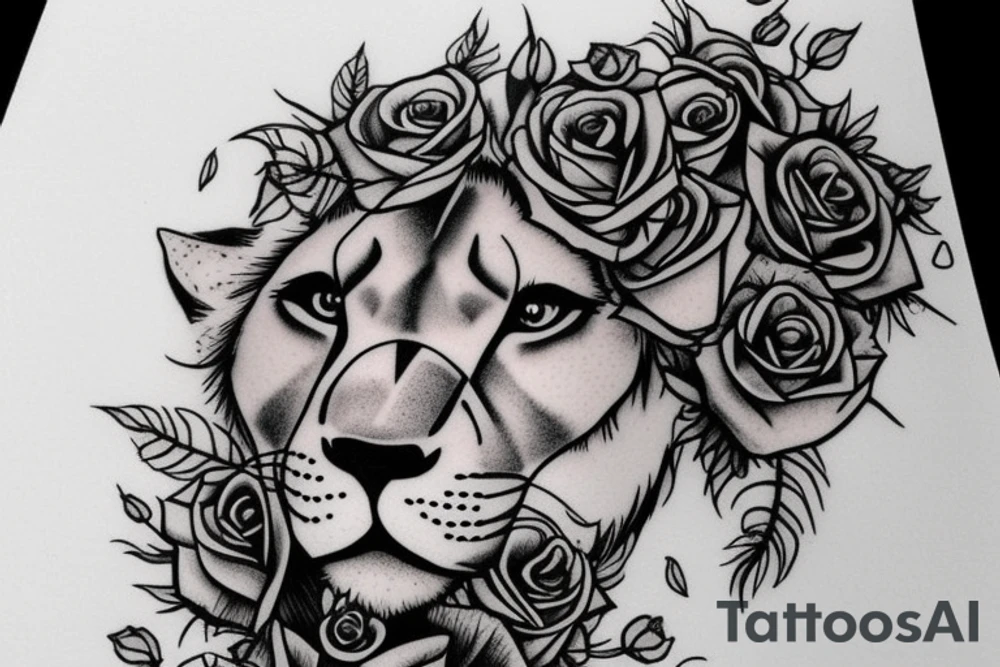 Realistic lioness with rose crown tattoo idea