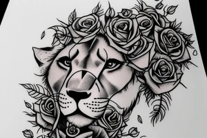 Realistic lioness with rose crown tattoo idea